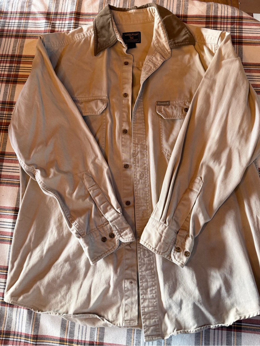 Woolrich Khaki Shirt Jacket with Brown Corduroy Collar